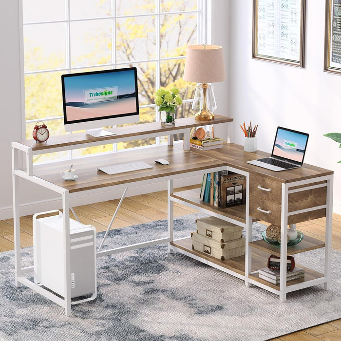 L Shaped Desk with Drawers and Monitor Stand, L Corner Desk with Storage Shelves, Beige Wooden PC Table for Samll Home Office - ShipItFurniture