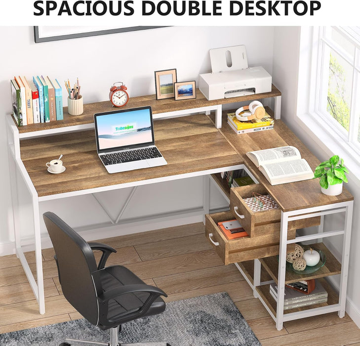 L Shaped Desk with Drawers and Monitor Stand, L Corner Desk with Storage Shelves, Beige Wooden PC Table for Samll Home Office - ShipItFurniture
