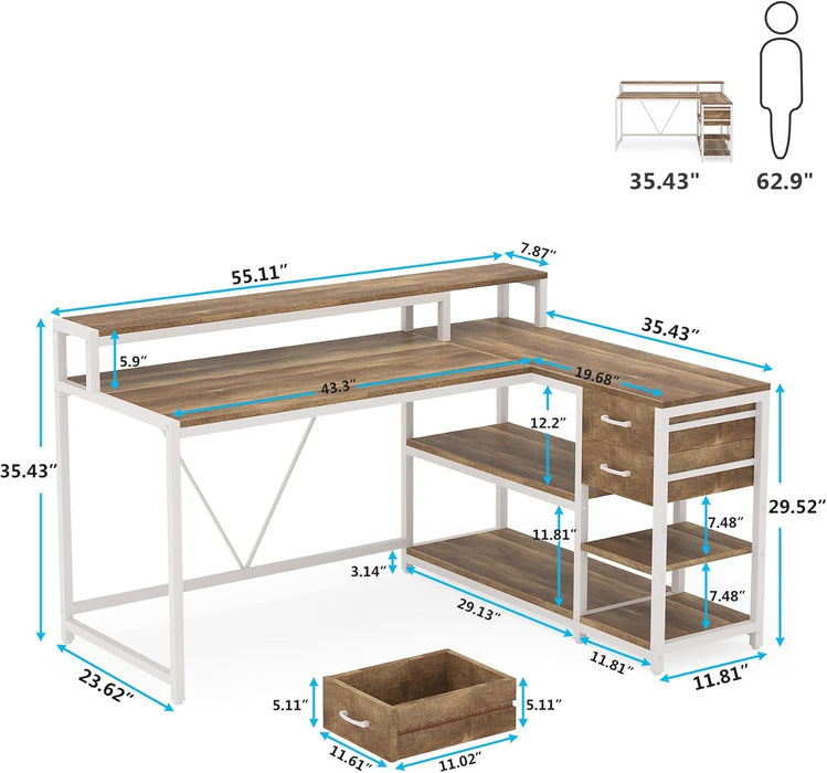 L Shaped Desk with Drawers and Monitor Stand, L Corner Desk with Storage Shelves, Beige Wooden PC Table for Samll Home Office - ShipItFurniture