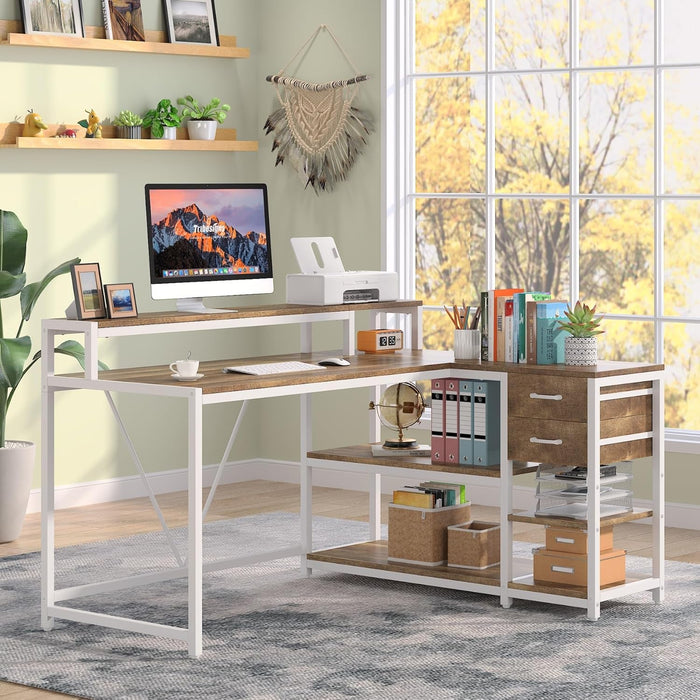 L Shaped Desk with Drawers and Monitor Stand, L Corner Desk with Storage Shelves, Beige Wooden PC Table for Samll Home Office - ShipItFurniture