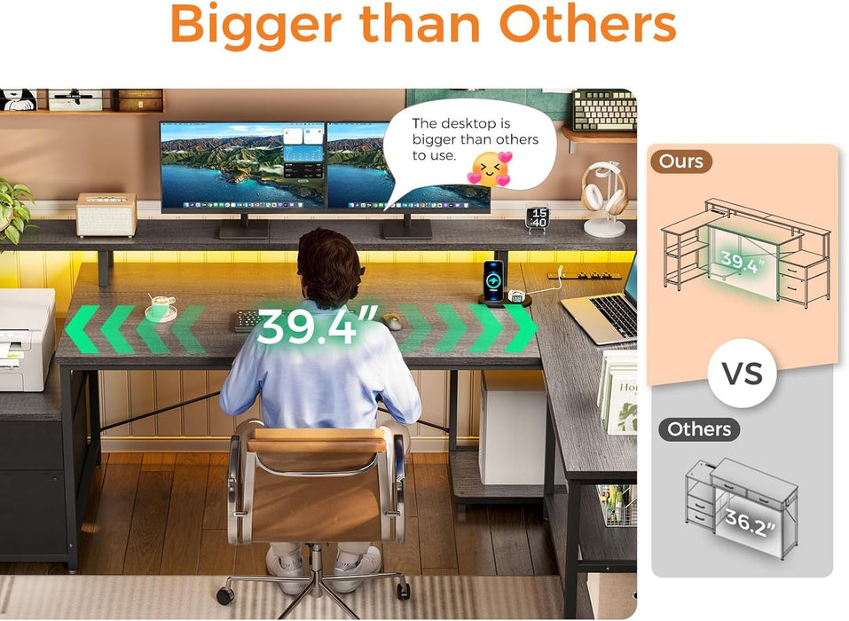 L Shaped Desk with File Drawer, 75" Reversible L Shaped Computer Desk with Power Outlet & LED Strip, Office Desk with Storage Shelves, Gaming Desks with Monitor Shelf, Corner Table, Grey Oak - ShipItFurniture