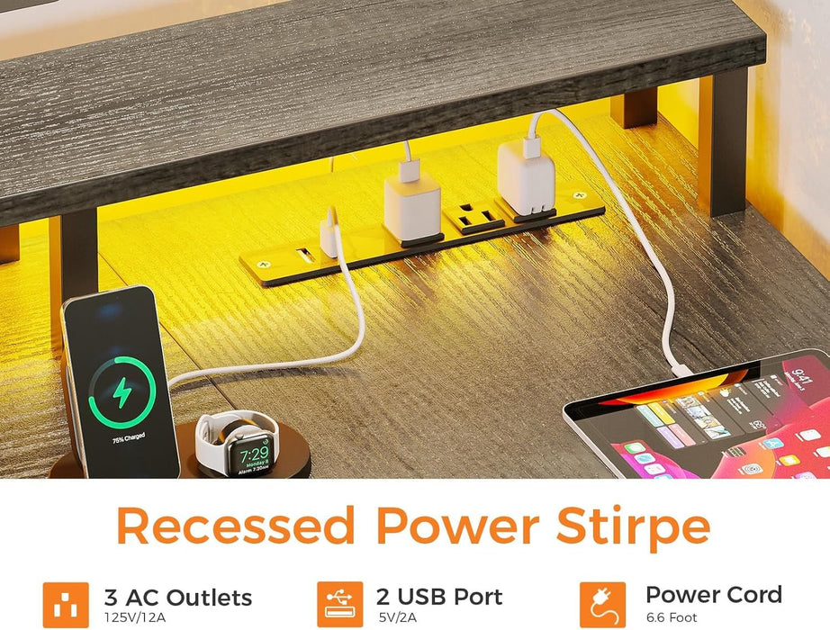 L Shaped Desk with File Drawer, 75" Reversible L Shaped Computer Desk with Power Outlet & LED Strip, Office Desk with Storage Shelves, Gaming Desks with Monitor Shelf, Corner Table, Grey Oak - ShipItFurniture