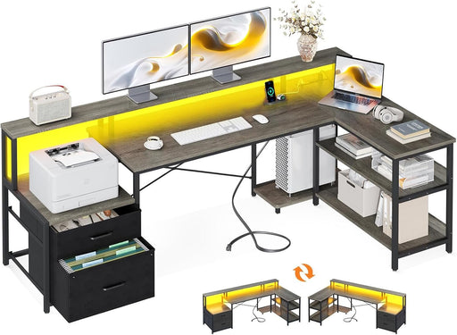 L Shaped Desk with File Drawer, 75" Reversible L Shaped Computer Desk with Power Outlet & LED Strip, Office Desk with Storage Shelves, Gaming Desks with Monitor Shelf, Corner Table, Grey Oak - ShipItFurniture