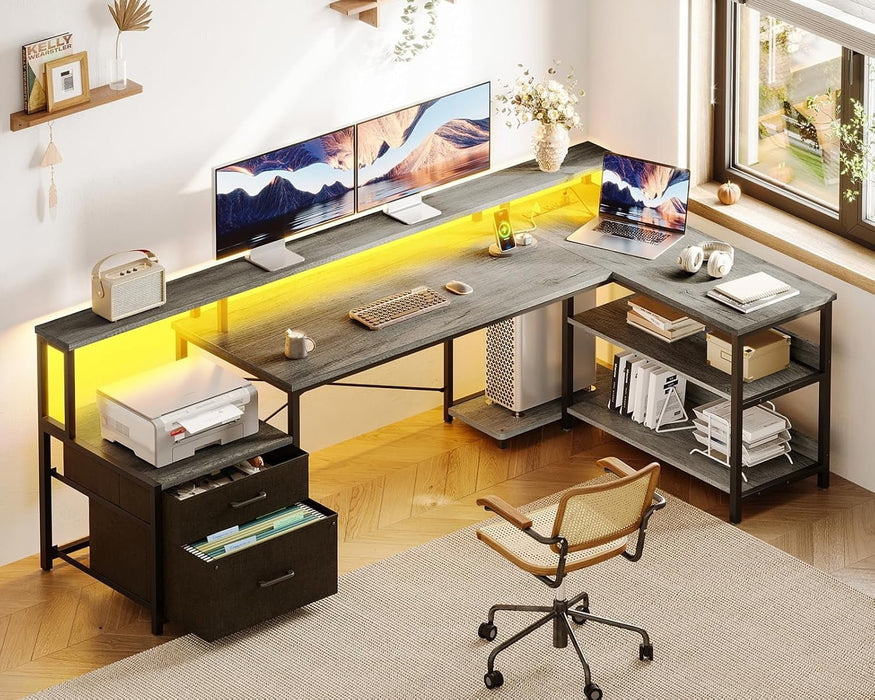 L Shaped Desk with File Drawer, 75" Reversible L Shaped Computer Desk with Power Outlet & LED Strip, Office Desk with Storage Shelves, Gaming Desks with Monitor Shelf, Corner Table, Grey Oak - ShipItFurniture