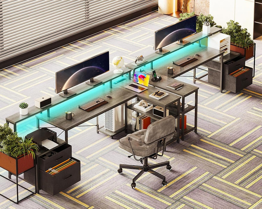 L Shaped Desk with File Drawer, 75" Reversible L Shaped Computer Desk with Power Outlet & LED Strip, Office Desk with Storage Shelves, Gaming Desks with Monitor Shelf, Corner Table, Grey Oak - ShipItFurniture