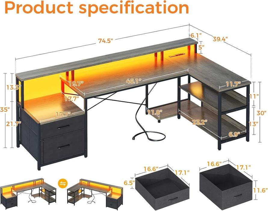 L Shaped Desk with File Drawer, 75" Reversible L Shaped Computer Desk with Power Outlet & LED Strip, Office Desk with Storage Shelves, Gaming Desks with Monitor Shelf, Corner Table, Grey Oak - ShipItFurniture