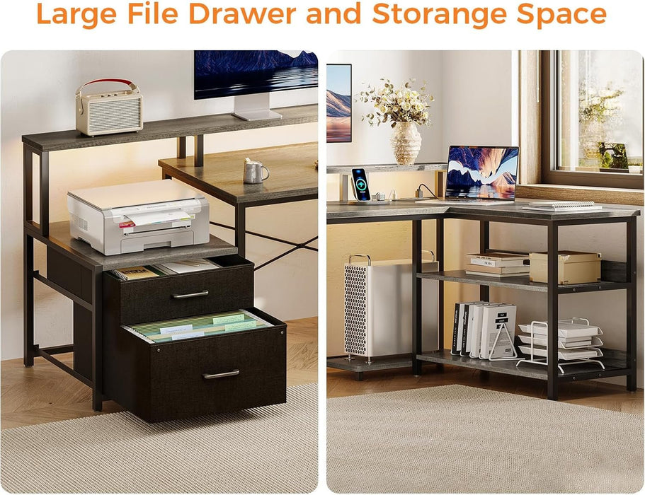 L Shaped Desk with File Drawer, 75" Reversible L Shaped Computer Desk with Power Outlet & LED Strip, Office Desk with Storage Shelves, Gaming Desks with Monitor Shelf, Corner Table, Grey Oak - ShipItFurniture