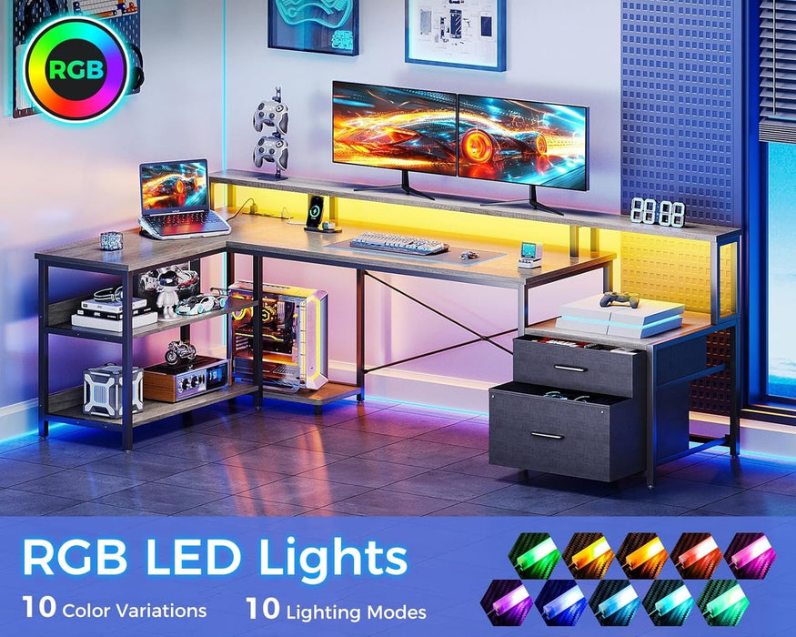 L Shaped Desk with File Drawer, 75" Reversible L Shaped Computer Desk with Power Outlet & LED Strip, Office Desk with Storage Shelves, Gaming Desks with Monitor Shelf, Corner Table, Grey Oak - ShipItFurniture