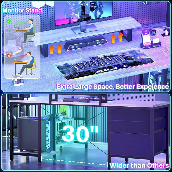 L Shaped Desk with Hutch, Gaming Desk with Led Lights, Reversible Computer Desk with Power Outlet, Corner Desk with File Drawer & Monitor Stand, Storage Shelves for Home Office, White Oak - ShipItFurniture