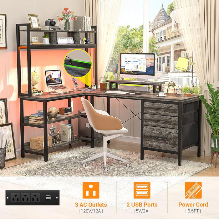 L Shaped Desk with Hutch, Gaming Desk with Led Lights, Reversible Computer Desk with Power Outlet, Corner Desk with File Drawer & Monitor Stand, Storage Shelves for Home Office, Black Oak - ShipItFurniture