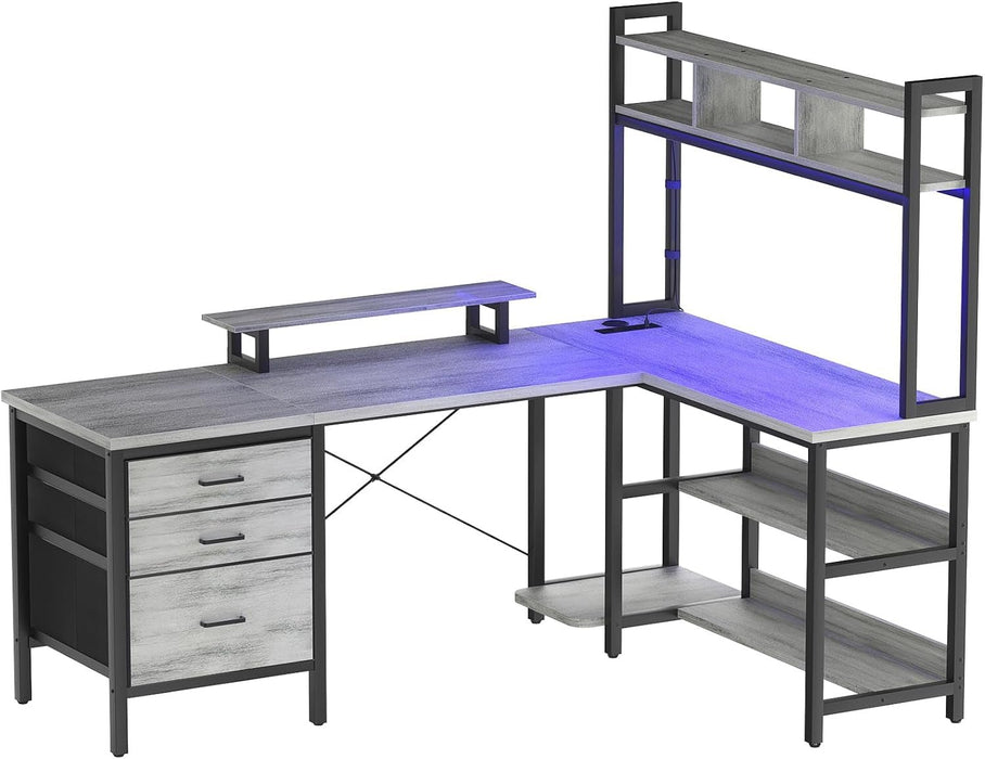 L Shaped Desk with Hutch, Gaming Desk with Led Lights, Reversible Computer Desk with Power Outlet, Corner Desk with File Drawer & Monitor Stand, Storage Shelves for Home Office, White Oak - ShipItFurniture