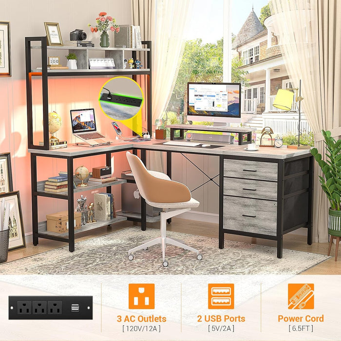 L Shaped Desk with Hutch, Gaming Desk with Led Lights, Reversible Computer Desk with Power Outlet, Corner Desk with File Drawer & Monitor Stand, Storage Shelves for Home Office, White Oak - ShipItFurniture