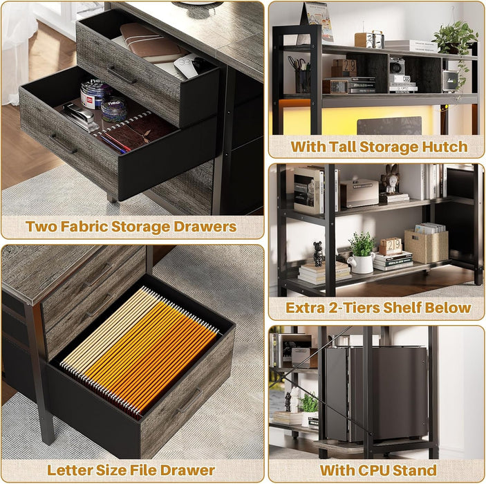 L Shaped Desk with Hutch, Gaming Desk with Led Lights, Reversible Computer Desk with Power Outlet, Corner Desk with File Drawer & Monitor Stand, Storage Shelves for Home Office, Black Oak - ShipItFurniture