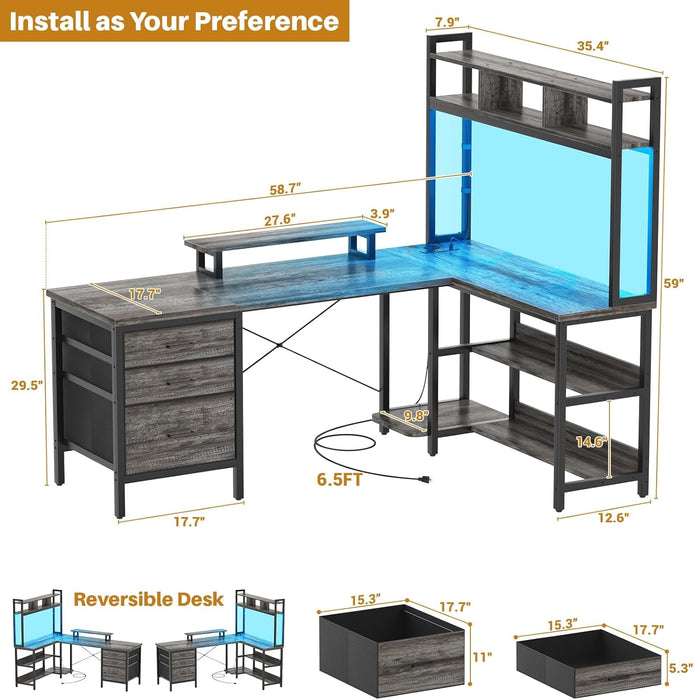 L Shaped Desk with Hutch, Gaming Desk with Led Lights, Reversible Computer Desk with Power Outlet, Corner Desk with File Drawer & Monitor Stand, Storage Shelves for Home Office, Black Oak - ShipItFurniture