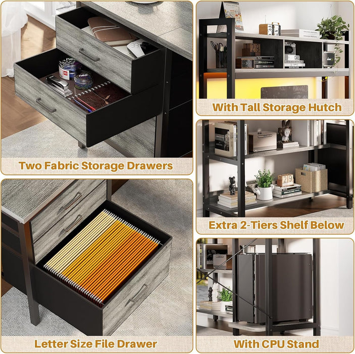 L Shaped Desk with Hutch, Gaming Desk with Led Lights, Reversible Computer Desk with Power Outlet, Corner Desk with File Drawer & Monitor Stand, Storage Shelves for Home Office, White Oak - ShipItFurniture