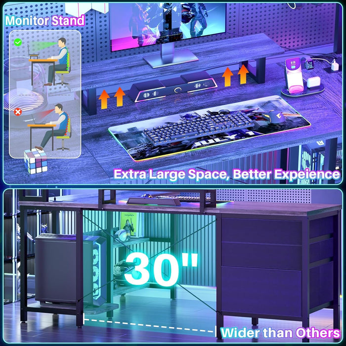 L Shaped Desk with Hutch, Gaming Desk with Led Lights, Reversible Computer Desk with Power Outlet, Corner Desk with File Drawer & Monitor Stand, Storage Shelves for Home Office, Black Oak - ShipItFurniture