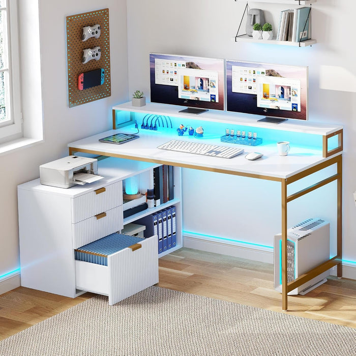 L Shaped Desk With LED Light And Power Outlets - ShipItFurniture