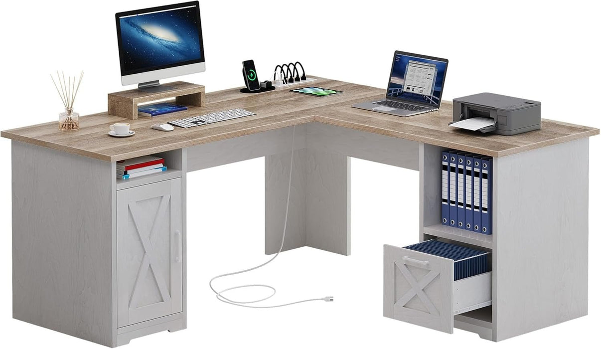 L Shaped Desk with Power Outlets, 60 Inch Computer Desk Corner Desk with File Drawer, Home Office Desk with Monitor Stand & Storage Shelves, L - Shaped Desk with File Cabinet, Grey Wash - ShipItFurniture