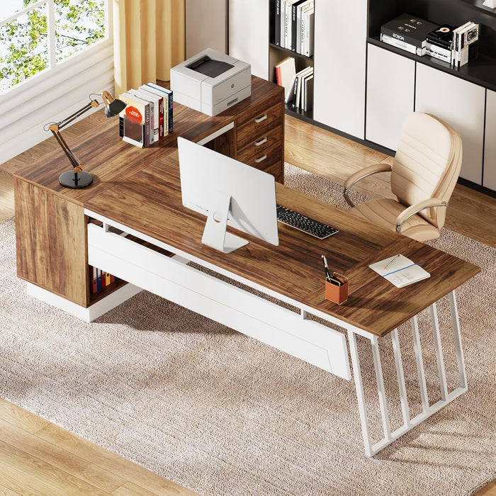 L - Shaped Executive Desk with Storage Drawers and Shelves - ShipItFurniture