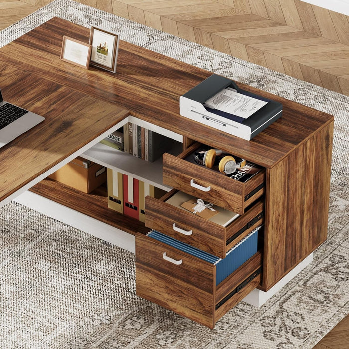 L - Shaped Executive Desk with Storage Drawers and Shelves - ShipItFurniture