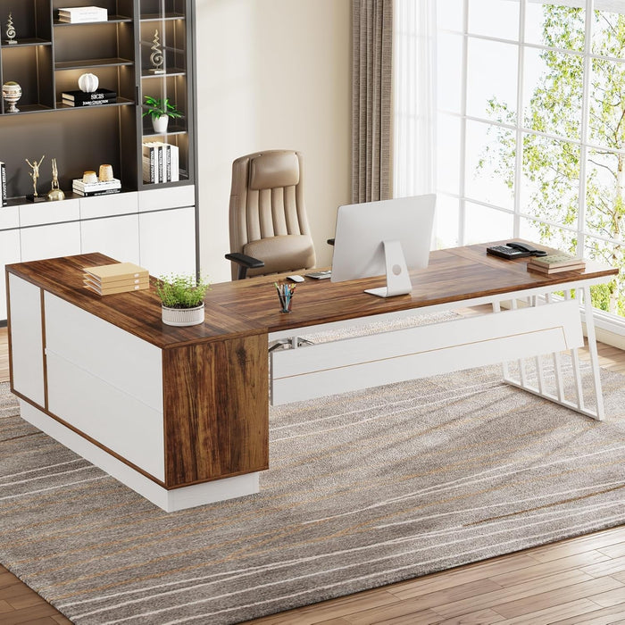 L - Shaped Executive Desk with Storage Drawers and Shelves - ShipItFurniture
