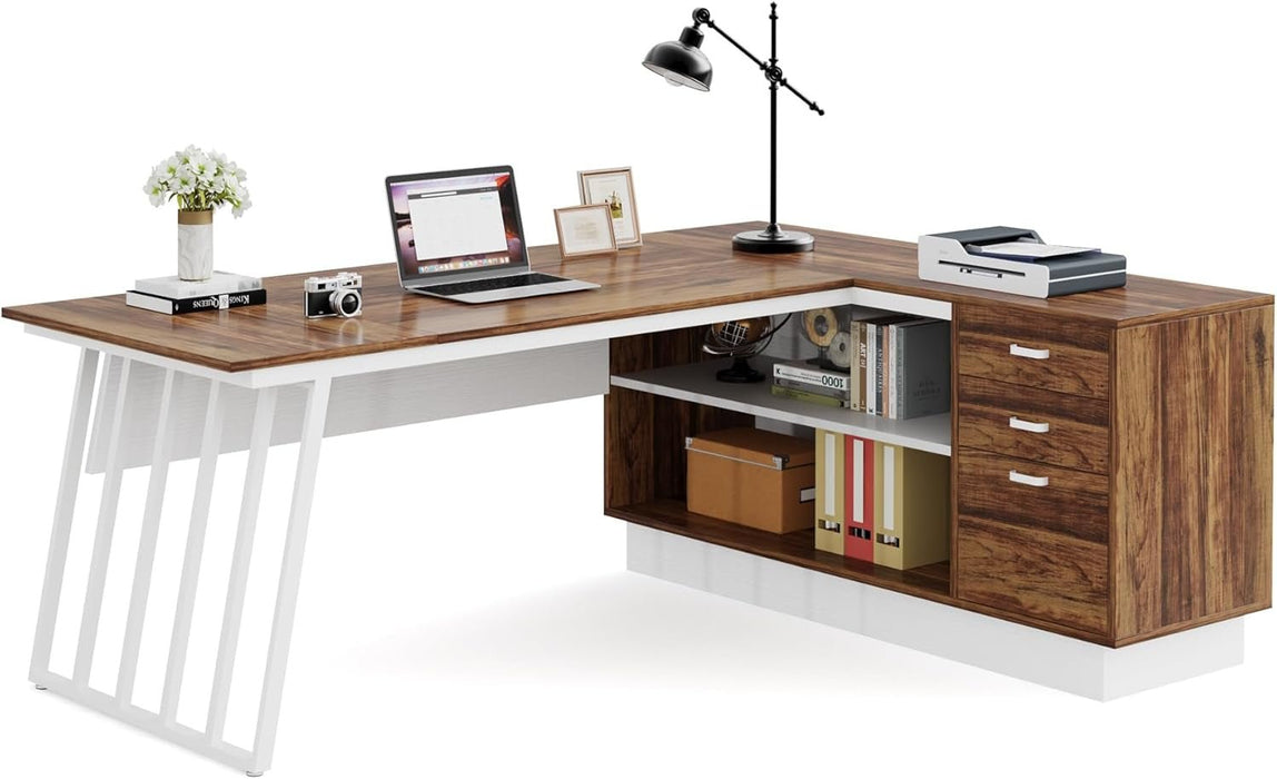 L - Shaped Executive Desk with Storage Drawers and Shelves - ShipItFurniture
