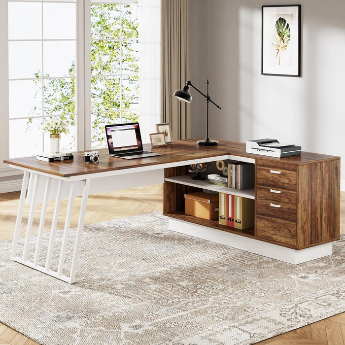 L - Shaped Executive Desk with Storage Drawers and Shelves - ShipItFurniture