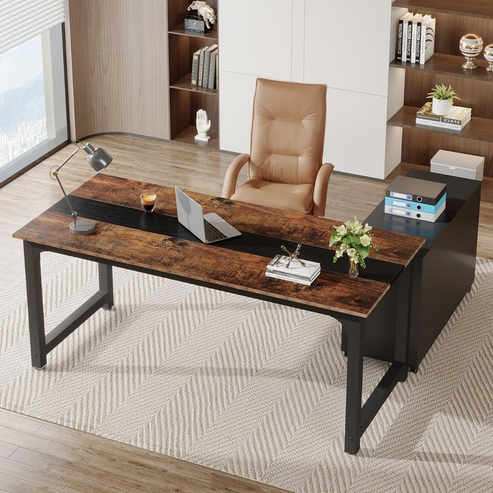 L - Shaped Executive Office Desk With Spacious File Cabinet - ShipItFurniture