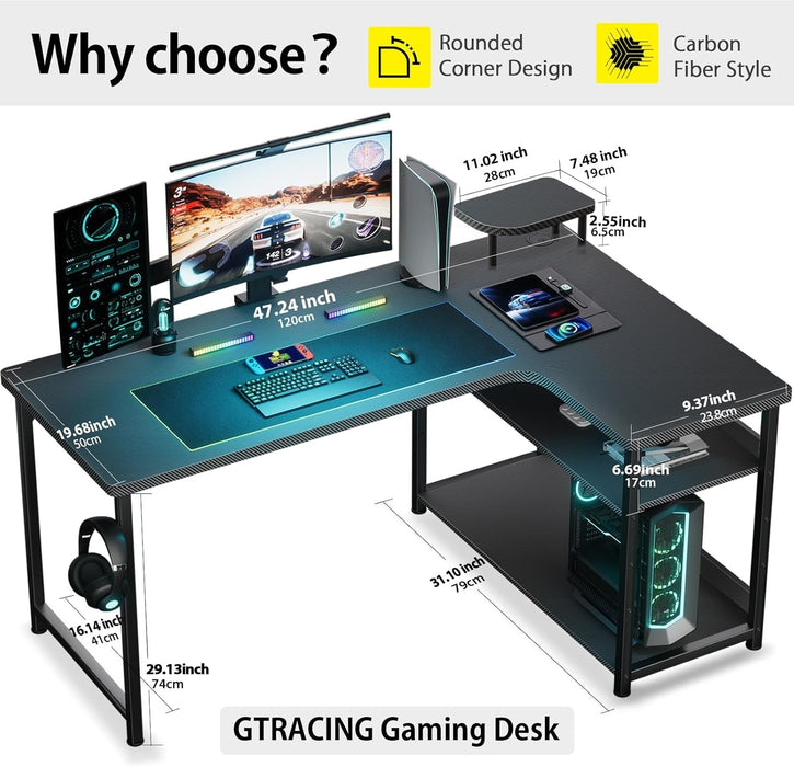 L Shaped Gaming Desk, Carbon Fiber Style Computer Desk Compatible with Monitor Arm Storage Shelves Corner Desk Gaming Table for Home Office Desks Easy to Assemble Adjustable Shelf Height - ShipItFurniture