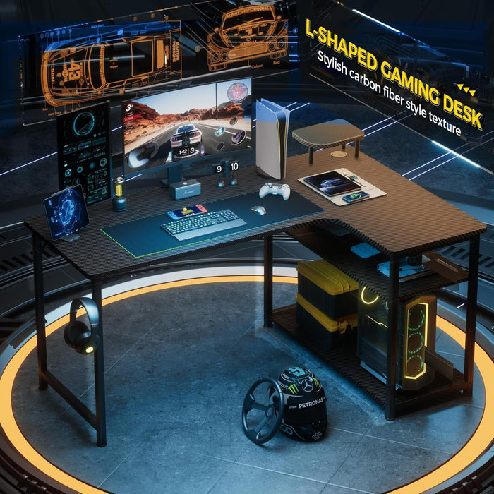 L Shaped Gaming Desk, Carbon Fiber Style Computer Desk Compatible with Monitor Arm Storage Shelves Corner Desk Gaming Table for Home Office Desks Easy to Assemble Adjustable Shelf Height - ShipItFurniture