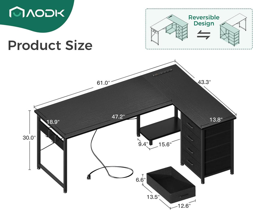 L Shaped Gaming Desk with 4 Drawers, 61" Reversible Home Office Desks with Power Outlets, L Shaped Computer Desk with USB Charging Port and Host Stand, Corner Desk, Easy to Assemble, Black - ShipItFurniture