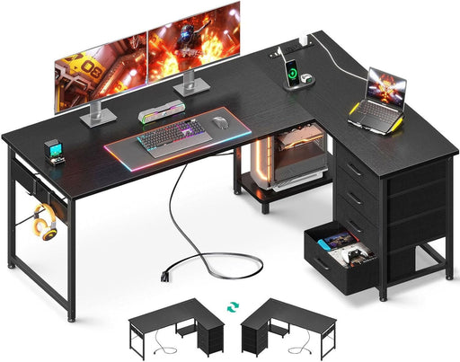 L Shaped Gaming Desk with 4 Drawers, 61" Reversible Home Office Desks with Power Outlets, L Shaped Computer Desk with USB Charging Port and Host Stand, Corner Desk, Easy to Assemble, Black - ShipItFurniture