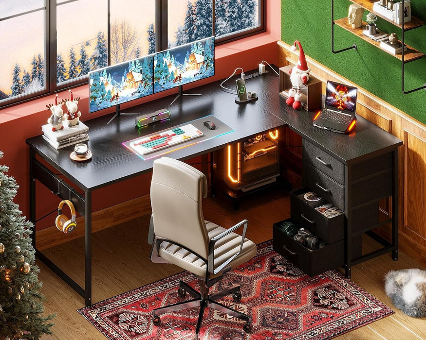 L Shaped Gaming Desk with 4 Drawers, 61" Reversible Home Office Desks with Power Outlets, L Shaped Computer Desk with USB Charging Port and Host Stand, Corner Desk, Easy to Assemble, Black - ShipItFurniture