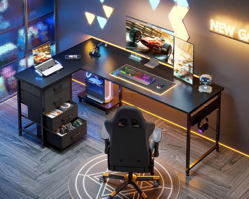 L Shaped Gaming Desk with 4 Drawers, 61" Reversible Home Office Desks with Power Outlets, L Shaped Computer Desk with USB Charging Port and Host Stand, Corner Desk, Easy to Assemble, Black - ShipItFurniture