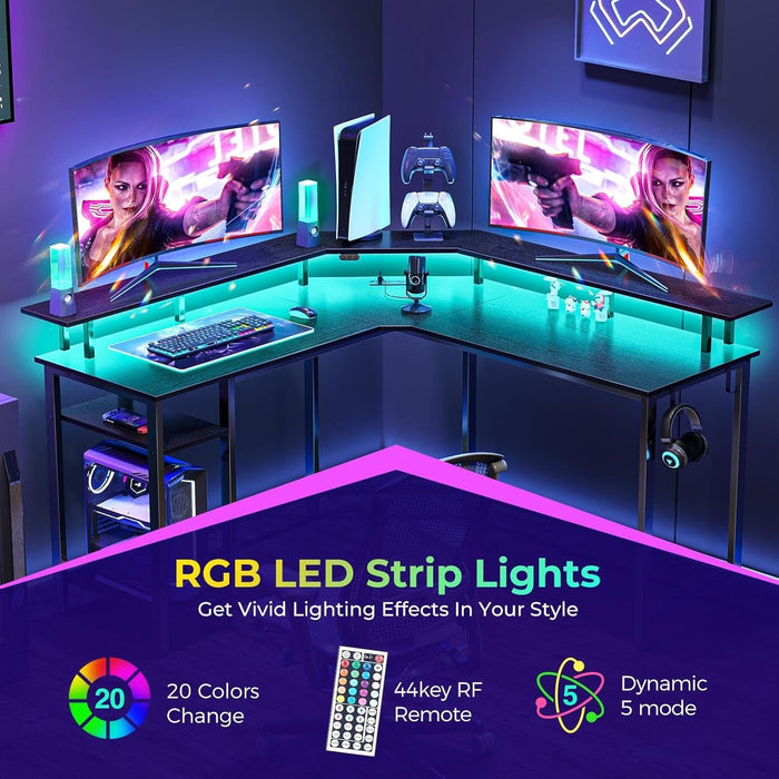 L Shaped Gaming Desk with LED Lights & Power Outlets, 53" Computer Desk with Full Monitor Stand & Storage Shelf, Corner Desk with Hooks, Black Desk Reversible - ShipItFurniture