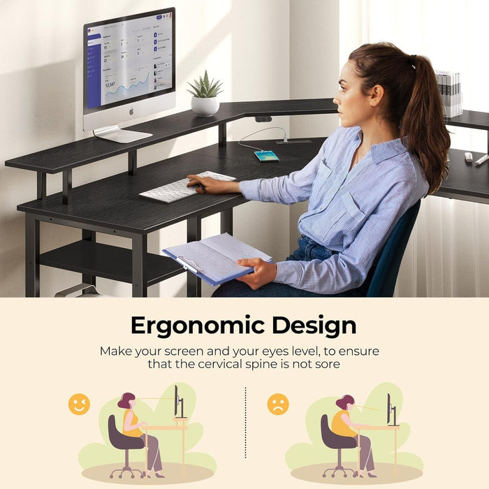 L Shaped Gaming Desk with LED Lights & Power Outlets, 53" Computer Desk with Full Monitor Stand & Storage Shelf, Corner Desk with Hooks, Black Desk Reversible - ShipItFurniture