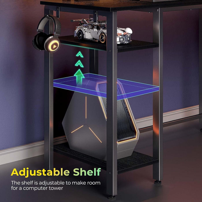 L Shaped Gaming Desk with LED Lights & Power Outlets, 53" Computer Desk with Full Monitor Stand & Storage Shelf, Corner Desk with Hooks, Black Desk Reversible - ShipItFurniture
