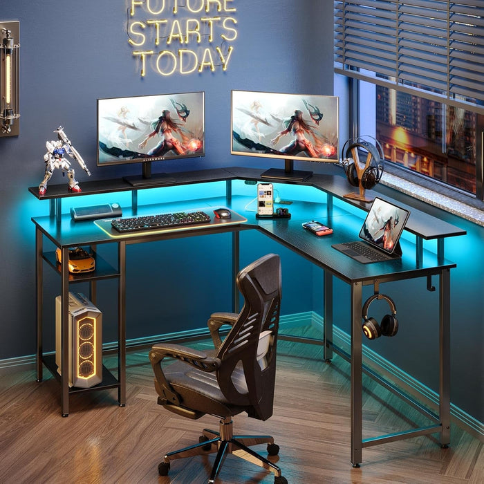 L Shaped Gaming Desk with LED Lights & Power Outlets, 53" Computer Desk with Full Monitor Stand & Storage Shelf, Corner Desk with Hooks, Black Desk Reversible - ShipItFurniture