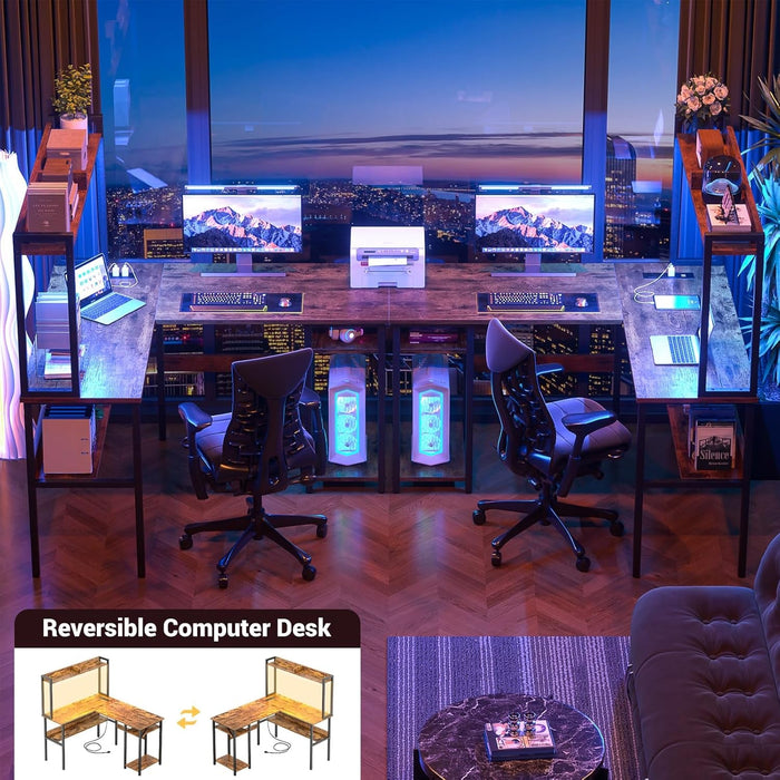 L Shaped Gaming Desk with LED Strip and Power Outlets, Reversible L - Shaped Computer Desk with Storage Shelves, Corner Desk with Hutch, 2 Person Home Office Desk, Rustic Brown - ShipItFurniture