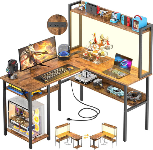 L Shaped Gaming Desk with LED Strip and Power Outlets, Reversible L - Shaped Computer Desk with Storage Shelves, Corner Desk with Hutch, 2 Person Home Office Desk, Rustic Brown - ShipItFurniture