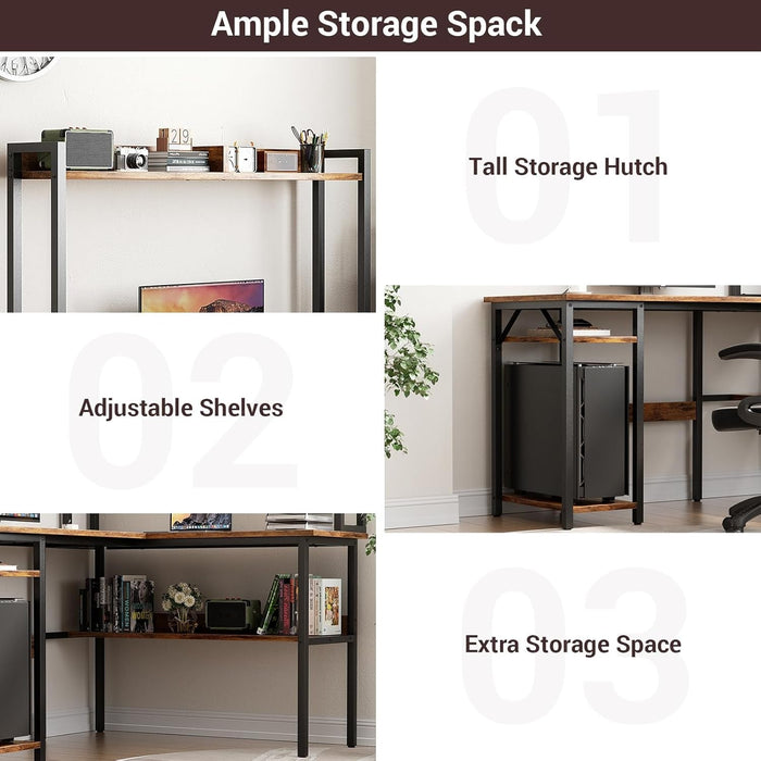 L Shaped Gaming Desk with LED Strip and Power Outlets, Reversible L - Shaped Computer Desk with Storage Shelves, Corner Desk with Hutch, 2 Person Home Office Desk, Rustic Brown - ShipItFurniture