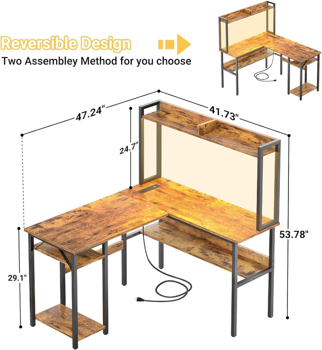 L Shaped Gaming Desk with LED Strip and Power Outlets, Reversible L - Shaped Computer Desk with Storage Shelves, Corner Desk with Hutch, 2 Person Home Office Desk, Rustic Brown - ShipItFurniture