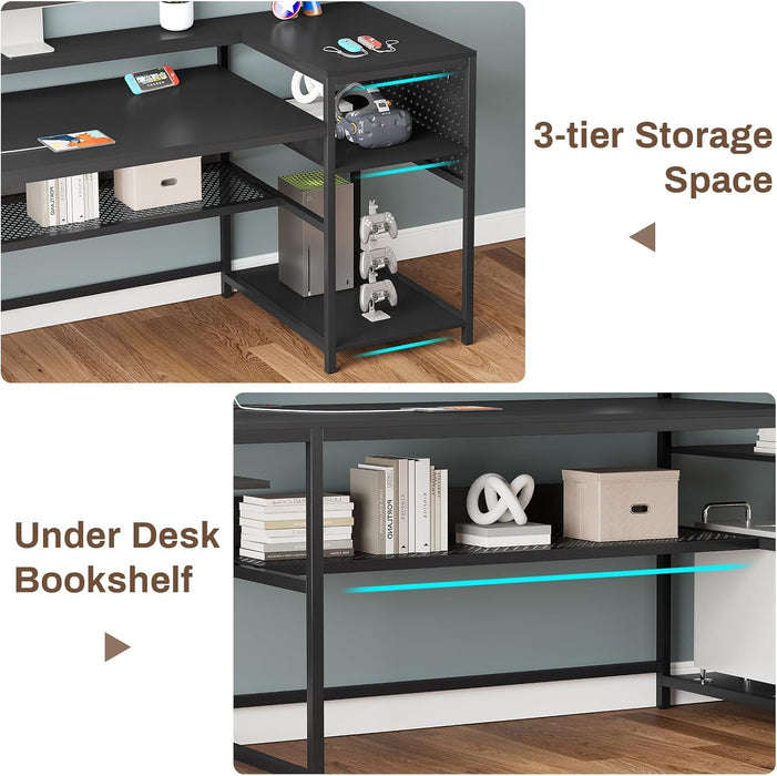 L Shaped Gaming Desk with LED Strip and Storage Shelves - ShipItFurniture