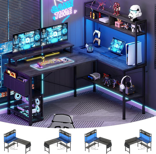 L Shaped Gaming Desk with Power Outlets & LED Lights, Small L - Shaped Desk Computer Corner Desk with Monitor Stand & Storage Shelf, Home Office Desk Writing Desk with Storage Bag, Grey Oak - ShipItFurniture