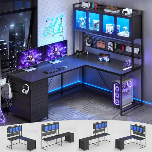 L Shaped Gaming Desk with Storage Drawers and Lights - ShipItFurniture