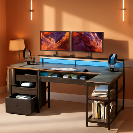 L Shaped Home Office Desk with Storage and LED Lights - ShipItFurniture