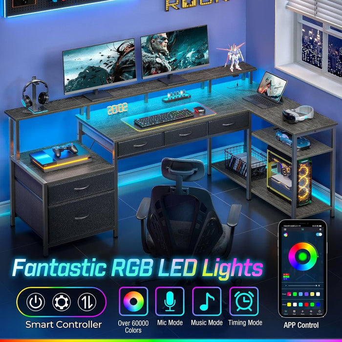 L Shaped Home Office Desk with Storage and LED Lights - ShipItFurniture