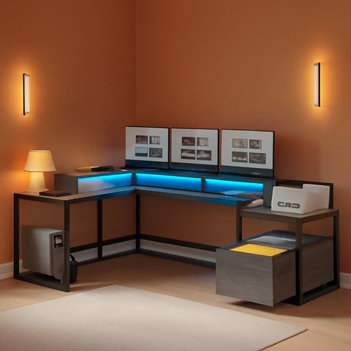 L Shaped Office Desk With Storage Power Outlet Features - ShipItFurniture