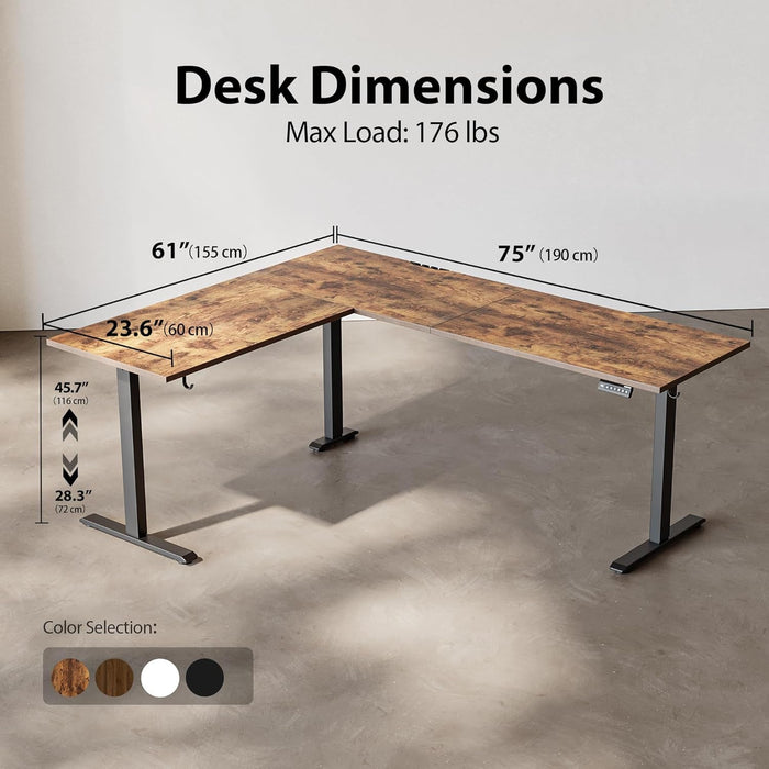 L - Shaped Standing Desk Adjustable Height, Electric Corner Standing Desk, Sit Stand up Desk, 75X61 Inch Sit Stand Computer Table, Rustic Brown - ShipItFurniture