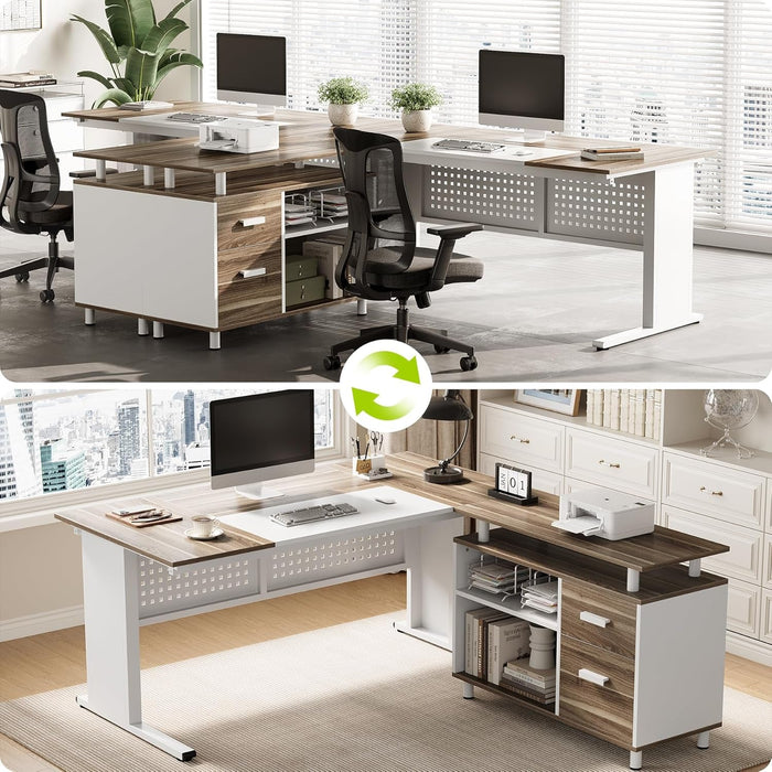 Large Computer Desk with File Cabinet, 63 Inch Executive Desk L Shaped Office Desk with Drawers and Storage Shelves, Business Furniture Desk Workstation for Home Office - ShipItFurniture